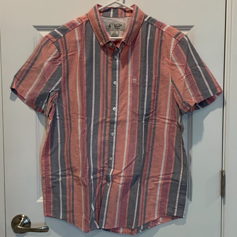 Men's Original Penguin Vertical Stripe Short Sleeve Button-Down Shirt